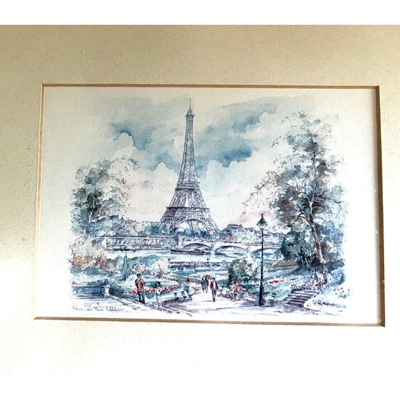 Paris France Eiffel Tower Watercolor Painting Print Framed Vintage - Final Price - Picture 2 of 5
